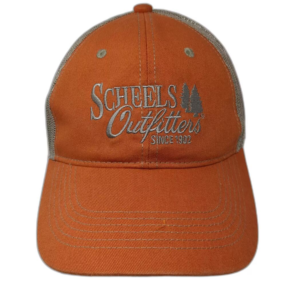 SCHEELS Outfitters Trucker Hat Orange Gray Snapback OS Mesh Back Embroidered